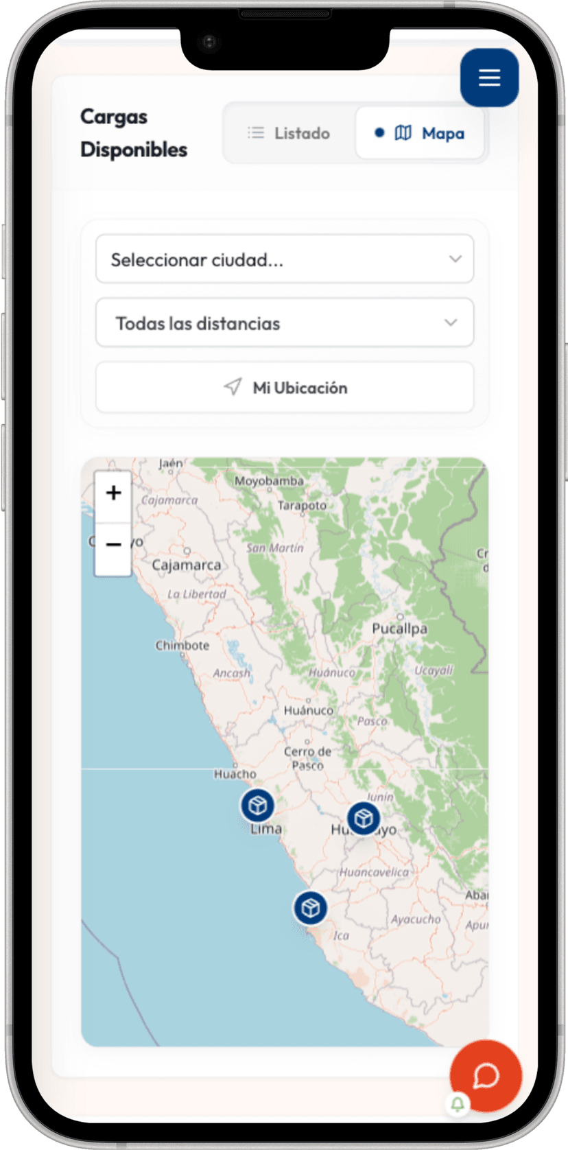 CargaYa App - Mockup en iPhone mostrando la interfaz de la plataforma de transporte de carga